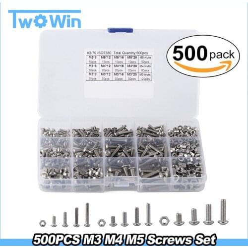 Screw and Nut Kit, 500Pcs M3 M4 M5 Stainless Steel Button Head Hex Socket Head Cap Bolts Screws with Nuts Assortment Kit