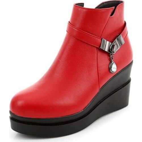 2020 New Autumn Top Cowhide Leather Boots Women Boots Thick Sole Wedges Warm Shoes Winter Boots Rhinestone Fashion Ankle Boots