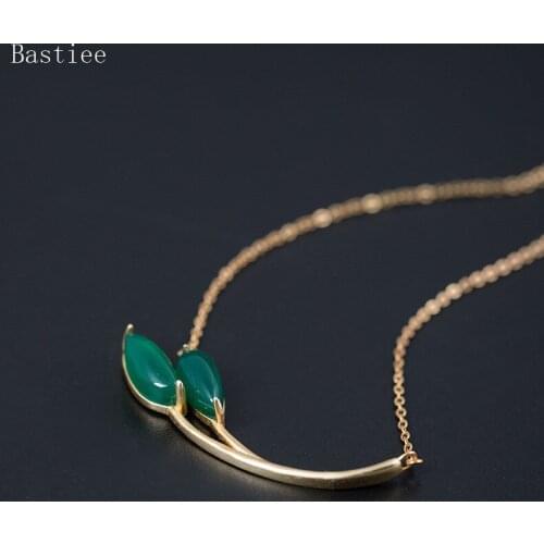 Bastiee Gold Plated Silver 925 Jewelry Green Chalcedony Leaf Pendant Necklace For Women Vintage Link Chain