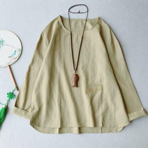 National Shirt 2021 Spring Autumn O neck Women T-Shirt Cotton Loose Long sleeve Emboridery Vintage Casual Blouse YoYiKamomo