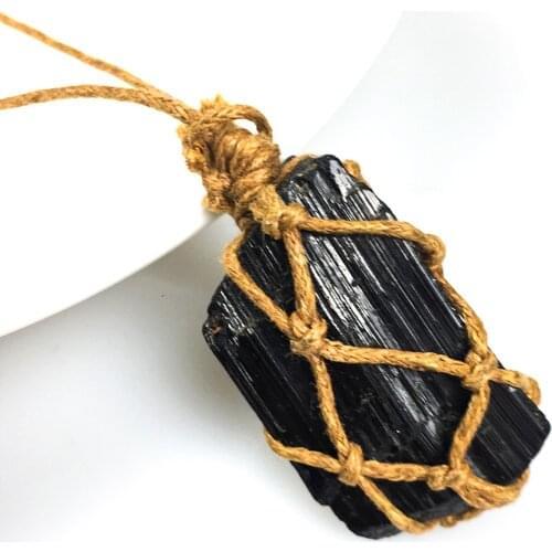 Handmade Rope Wrapped Raw Black Crystal Tourmaline Pendant Accessories Necklace Jewelry Wholesale