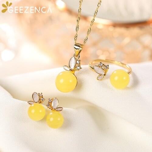 S925 Silver Gold Plated Amber Jewelry Sets For Women Ring Earrings Pendant Necklace Butterfly Trendy Fine Jewelry Gift 2021 New