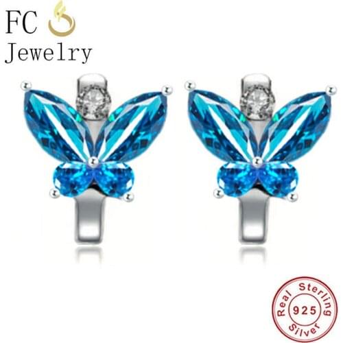 FC Jewelry 925 Sterling Silver Animal Blue Butterfly Hoop Earring Accessories Boucles Doreilles For Women Christmas Oorbellen