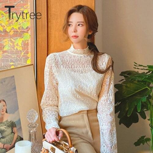 Trytree 2020 Spring Women Blouse Casual Turtleneck Pullovers Lace Sexy Fashion All-Purpose Style Office Lady White Blouse