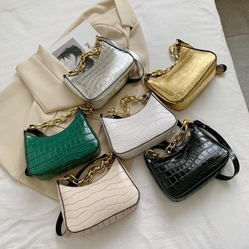 Vintage Crocodile Print Pu Shoulder Bag Woman Fashion Acrylic Chain Womens Handbag Designer Zipper Solid Underarm Bag Women