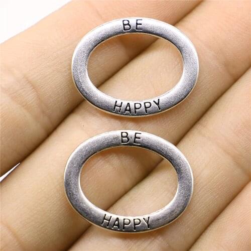 WYSIWYG 10pcs/lot 18x23mm Be Happy Oval Connector Circle Charms For Jewelry Making Antique Silver Color Accessories