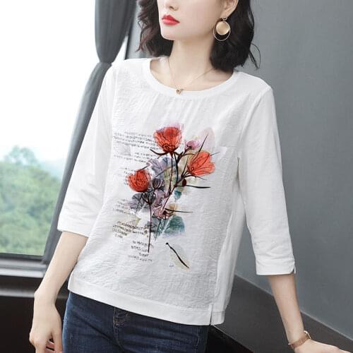 Tunic Women 4xl Floral Ladies Tops Casual 3/4 Sleeve Ethnic Vintage Blouse Basic White Tee Shirt Loose Casual O Neck