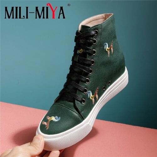 MILI-MIYA Women Retro Style Genuine Leather Chic Embroidered Handmade Flat Ankle Boots Round Toe Cross Tied Casual Outdoor Shoes