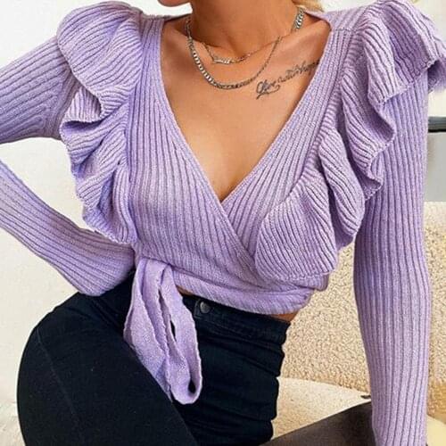 Autumn Winter Women V Neck Long Sleeve Ruffles Knitted Sweater Bandage Pullover Streetwear Solid Color Warm Clothes For Female