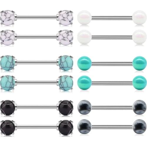 14G Nipple Rings Barbell Nipple Bar Piercing for Women Double Front Facing Gem Synthesis Marble Stone Opal and CZ Top Design