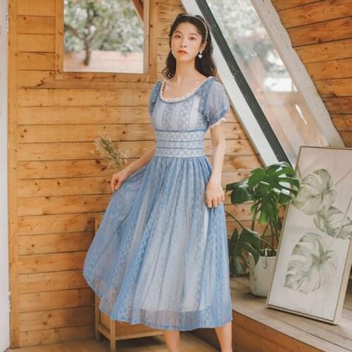 2020 summer Lace Dress Stylish O-Neck Short Puff Sleeve Waist Controlled Crochet Bow Dress Women Vintage Pleated Dress