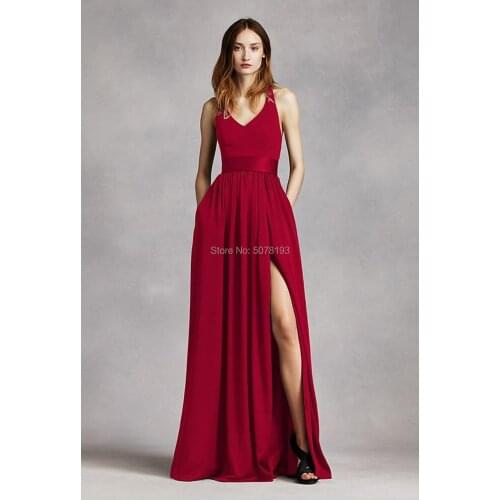 81915 V-Neck Natural Straight Floor-Length Evening Dresses/Women Engagement Gowns Long New Fashion Slit&Pocket&Bow Free Shipping