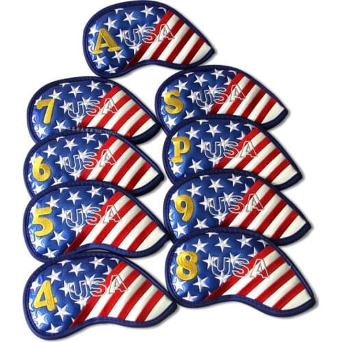 9pcs New USA flag Waterproof Golf Irons headcover Stars and Stripes Embroidered golf Cover PU golf club set golf accessories