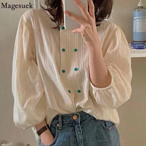 Vintage Loose Cotton Blouse Women Korean Style O Neck Double-breasted Casual Shirts Fashion Sweet Summer Women Tops Blusas 16191