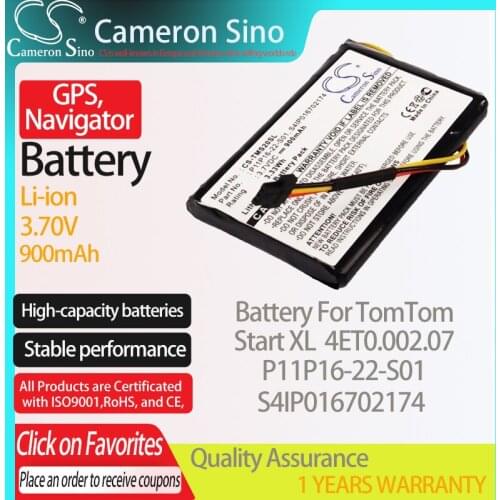 CameronSino Battery for TomTom Start XL 4ET0.002.07 fits TomTom P11P16-22-S01 S4IP016702174 GPS,Navigator battery 900mAh 3.70V