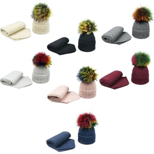 Kids Boys Girls Winter Knitted 2 Piece Beanie Hat Long Scarf Set Colorful Fluffy Pom Pom Toddler Cuffed Skull Cap Windproof Nec