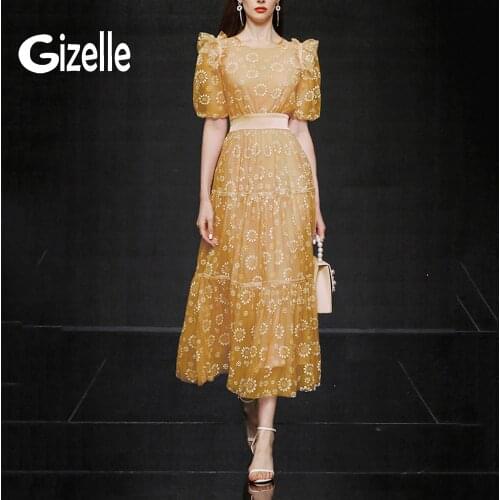 Gizelle Vintage Elegant Runway Designer Floral Print Lady Princess Party Evening Dresses Ruffles Summer Sheer Elbise Robes Traf