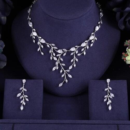 Janeklly trendy Wedding Necklace Earrings For Women Accessories Clear Cubic Zirconia Bridal Jewelry Sets pendientes mujer moda