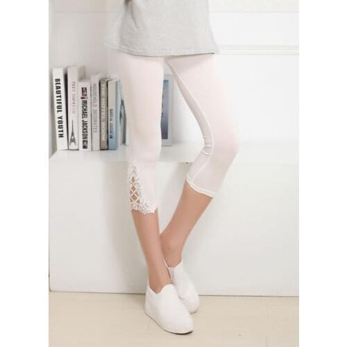 New Summer Women 3/4 Length Slim Wild Fashion Bottoms Leggings Solid Color Lace Hollow Pleated Elastic Band High Waist Pants