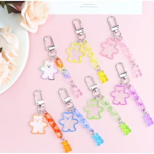 Cute Transparent Acrylic Bear Keychain Colored Metal Pendant Backpack Headphone Set Cartoon Animal Ornament Jewelry