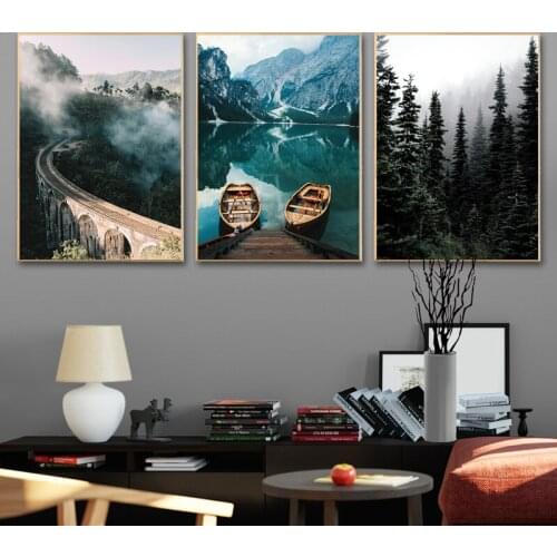 Self-adhesive Wall Stickers Misty Forest Boat Geometric Abstract Nature Landscape Picture Poster Nordic Living Room Decoration