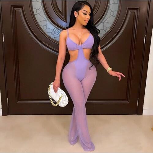 Sexy Mesh Sheer Patchwork Bodycon Jumpsuit Women Flare Pants Hollow Out Backless Party Jumpsuits Elegant Club Overalls Bodys