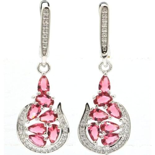 38x13mm Pretty Created Pink Raspberry Rhodolite Garnet CZ 925 Sterling Silver Earrings For Ladies Daily Wear