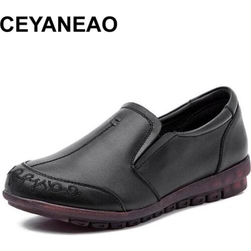 CEYANEAO Women Shoes Handmade Loafers Genuine Leather Mother Shoes Comfort Oxford Shoes Moccasins Soft Bottom Women Flats Plus