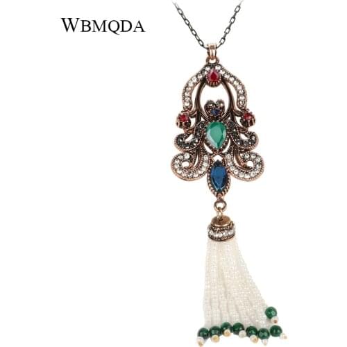 Wbmqda Luxury Ethnic Tassel Necklace For Women Antique Gold Crystal Flower Pendant Necklace Vintage Wedding Jewelry 2021 New