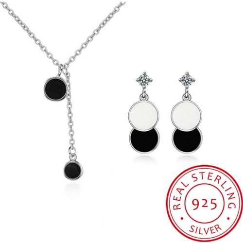925 Sterling Silver Jewelry Sets Epoxy Black Round Wafer Necklace+Earrings For Women Korean Fine Jewelry
