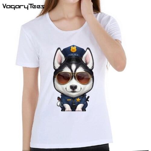 Womens Fashion TShirt Funny tshirt Husky Police Dog Print tshirt Femme Girls Summer Pug Short Sleeve White O-neck Clothes