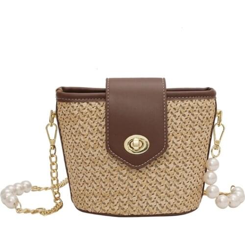 Women Woven Straw Faux Leather Bucket Bag with Pearl Metal Chain Strap Crossbody Small Shoulder Messenger Handbag Purse