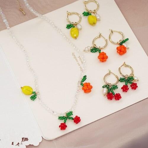 VSnow Korean Sweet Handmade Beads Cherry Necklaces for Women Gold Color Alloy Orange Lemon Dangle Earrings Jewelry Accessories