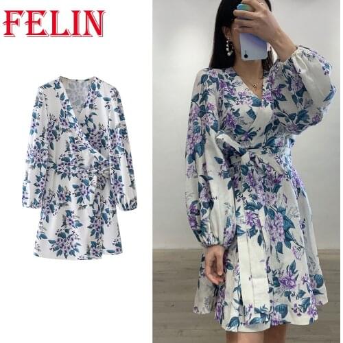 Za New Summer Floral Printed Shirt Dress Women Long Puff Sleeve Boho Mini Tie Dress Loose Oversized Vintage Mujer Vestidos