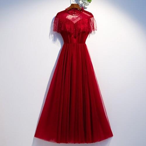 Bespoke Occasion Dresses Illusion O-Neck Short Backless Lace Tulle Luxury Burgundy Floor-Length Women Formal Evening Gown HB188