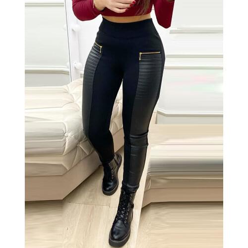 2020 Fashion Women Fall Pre-Fall Elegant Casual PU Leather Contrast Zipper Design High Waist Skinny Pants