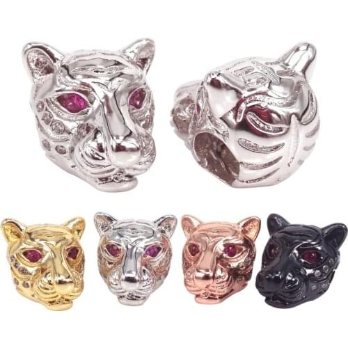 Gold Color Micro Pave Clear CZ Panther Spacer Bead Hyena head Metal beads for Men Bracelet DIY Charms Animal Jewelry Accessories