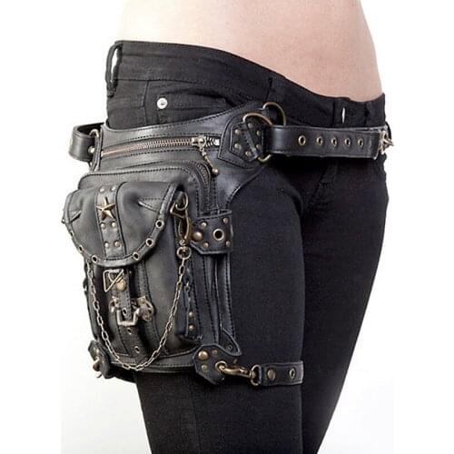 Black Leather Rivet Chain Cross Body Messenger Shoulder Bag Steampunk Gothic Motorcycle Leg Thigh Holster Bag-Matching Corset