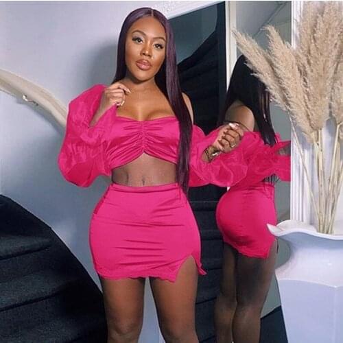 Spring Summer Ruched Two Piece Set Women Streetwear Elegant Club Outfit Off The Shoulder Long Sleeve Co Ord and Mini Skirt Set