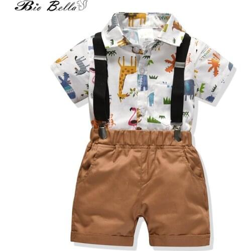Baby Boy Gentleman Party Animals Printed Boy Clothes 2020 Summer Cotton Short Sleeve Bodysuit+Bibs Shorts 2Pcs Kids Costumes