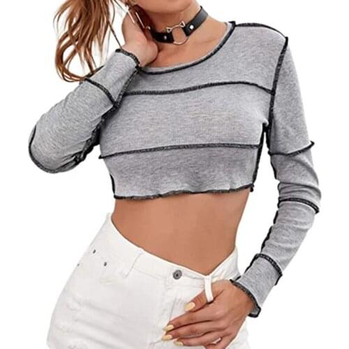 Spring Female Crop Top, Round Neck Long Sleeve Pullover Stitching T Shirt for Women Daily Wear Casual