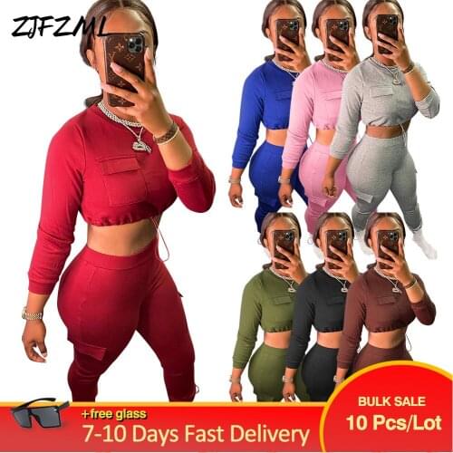 Bulk Items Wholesale Lots Autumn Clothes for Women Round Neck Solid Long Sleeve Bodycon Pant Two-piece Sport Suit Active Wear
