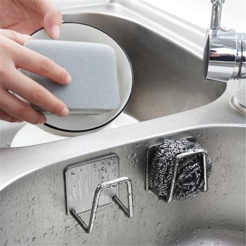 Kitchen Stainless Steel Sponges Holder Self Adhesive Sink Sponges Drain Drying Rack Kitchen Sink Accessories Organizer