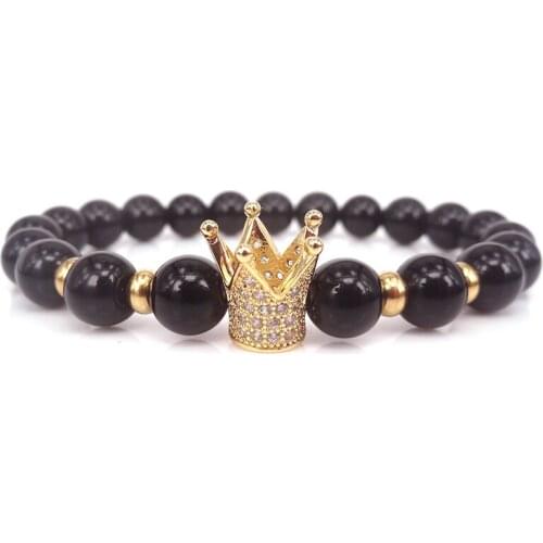 Hot Micro Pave White Cubic Zircon & Gold Color King Crown Charm ATOLYEWOLF Bracelet Men Dull Polish Matte Stone Bead Bracelet