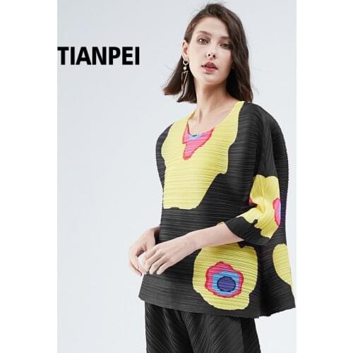 Miyake pleated blooming flowers and earth print shirt loose plus size hem black top aesthetic clothes trendy clothes for women