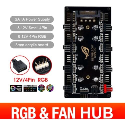 5V/3 Pin 12V/4PIN ARGB 4 Pin Fan PWM HUB 1 To 8 Multi Way Splitter for Motherboard LED Strip Light Control Adapter By SATA/4D