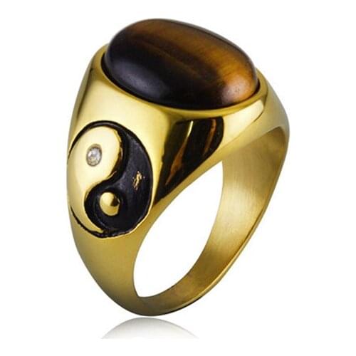 US 7 to 13 size Silver gold Men Oval Tiger Eye Brown Stones with Symbol Ring Stainless Steel Jewelry Mens Accessories Anel Aneis