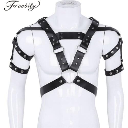 Mens PU Leather Metal Rivet Body Chest Harness Muscle Men Bondage Belt Sexy Male BDSM Bondage Punk Club Rave Gay Costume