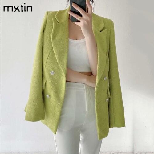 MXTIN 2021 Women Spring Fashion Solid Pearl Buttons Jacket Coat Vintage Lapel Collar Long Sleeve Pockets Outerwear Casual Tops