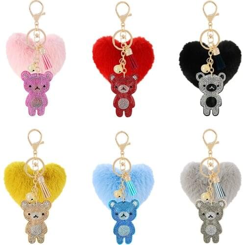 2020 new Korean velvet rhinestone cute bear fur heart ball key ring pendant pompon jewelry bag hanging accessories